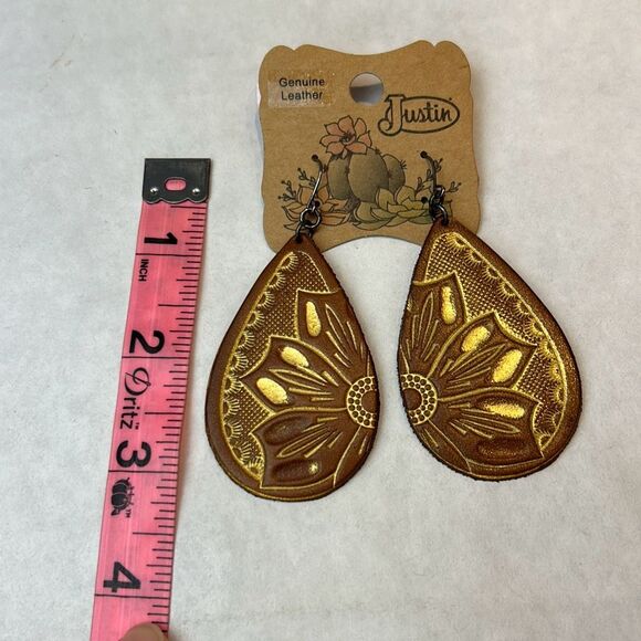 NEW Justin Leather Earrings Southwest Western Brown Flower Floral Gold Tone - Picture 4 of 4